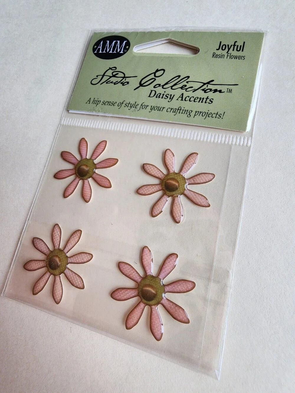 AMM Joyful Resin Daisy Accent Flower Stickers (4pc) Vintage New Retired Pink #19